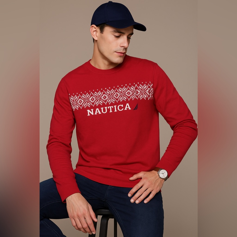 Nautica Men’s XL Red Fair Isle Logo Long Sleeve Holiday Shirt